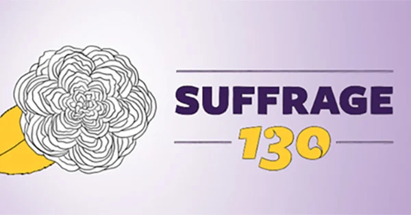 Illustration of a white flower with a yellow leaf and the text 'Suffrage 130' on a light purple background.