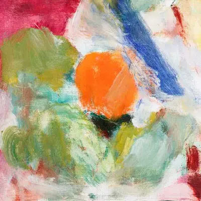 Abstract painting with colours pink, orange, blue, white, red, yellow. 