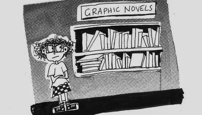 Comic drawing showing a cross librarian looking at a collection of books shelved under 'Graphic novels.