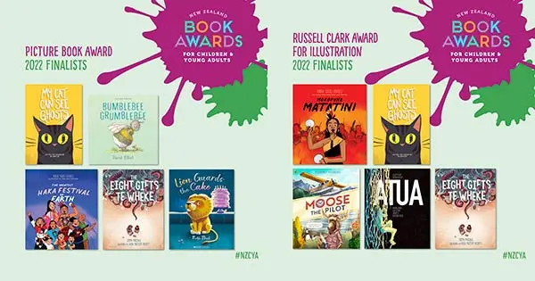 Posters showing NZCYA finalists for Picture Book Award and Russell Clark Illustration Award in 2022.