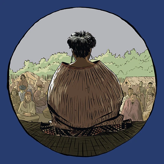 Colour illustration of a Māori king sitting and facing a Māori group.