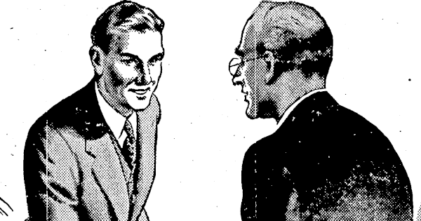 Drawing from historic newspaper of two men greeting each other by shaking hands. 