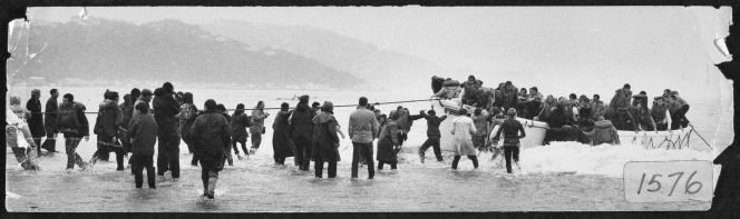 Life boat from ship Wahine landing on Seatoun beach.
