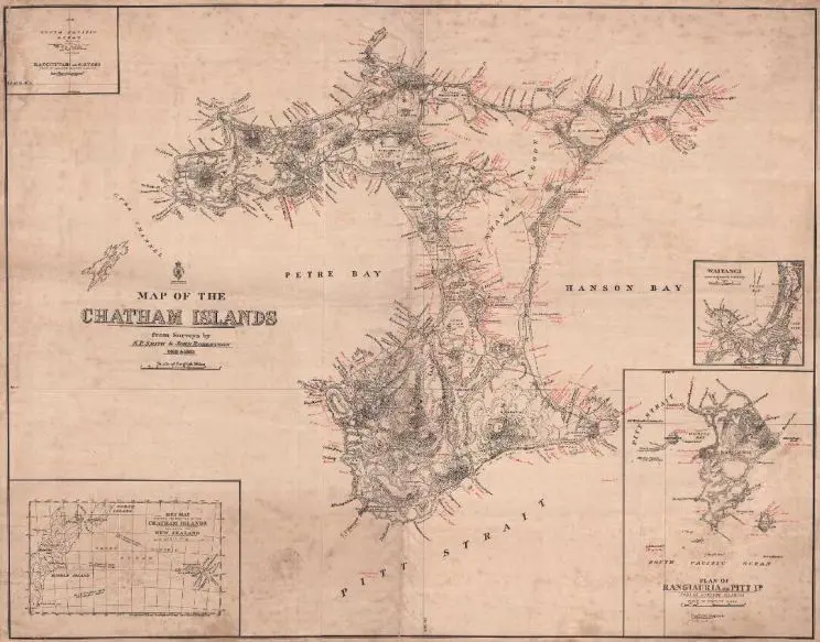 A black and white map showing the Chatham Islands and surrounding islets.