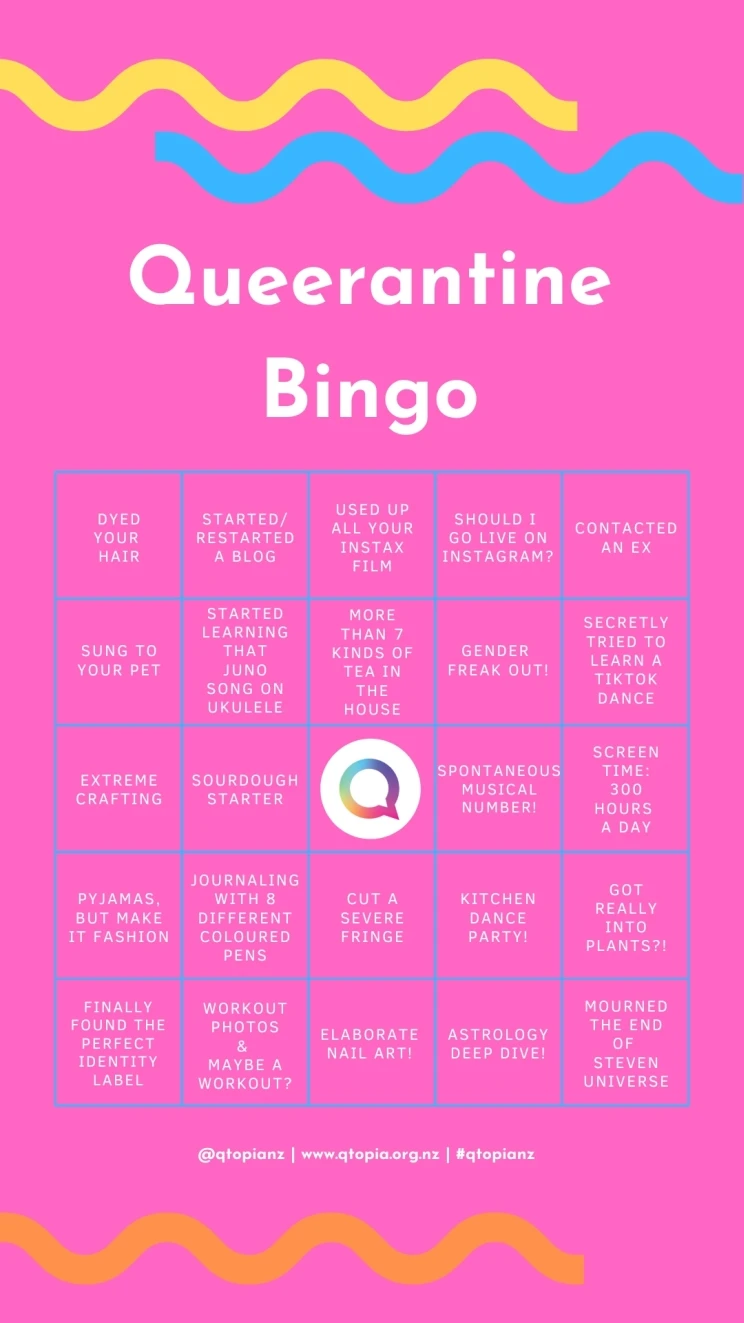 A pink bingo card with six rows across and six columns including squares for sourdough starter, dyed your hair, cut a severe fringe and extreme crafting.