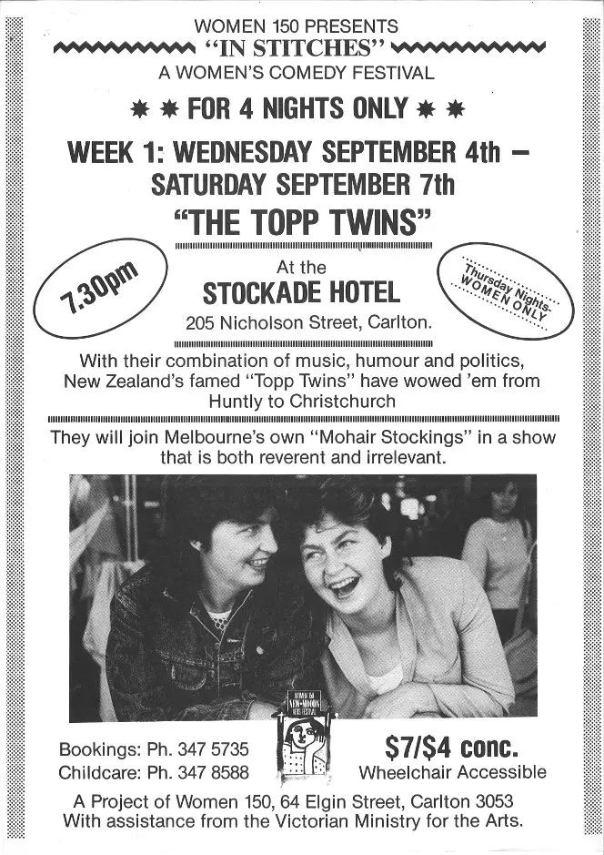 Poster advertising the Topp Twins as part of the In Stitches women's comedy festival.