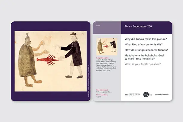 Front and back of a curiosity card about Tupaia's painting of a Māori bartering with Joseph Banks. On the front is Tupaia's painting, on the back are the image description, fertile questions, and a link with more information.