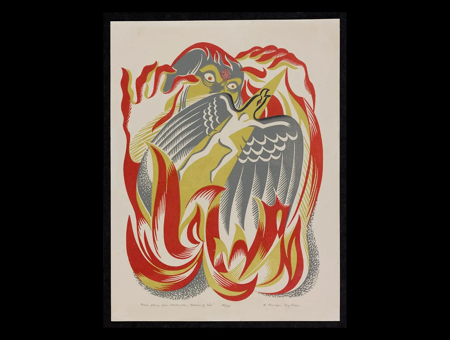 Coloured linocut print of Māui turning into a hawk and escaping Mahuika who appears as a huge flaming figure.