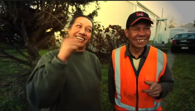 Screenshot from video of 'As one', showing two Christchurch residents.