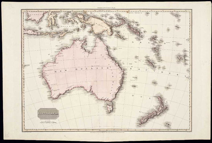 Map with Australia and New Zealand tinted pink,
