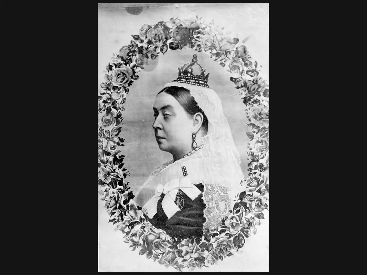 A profile head and shoulders formal portrait of Victoria, Queen of the United Kingdom. The portrait seems to be surrounded by a frame of roses.