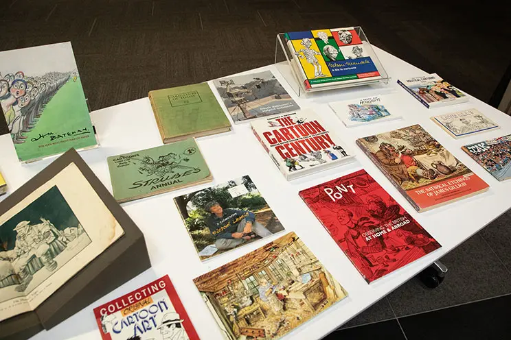 Books displayed on a table.