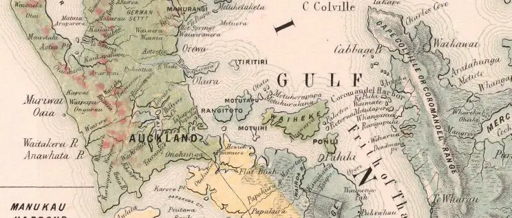 A cropped section from a hand-coloured map of New Zealand showing the Auckland region. 