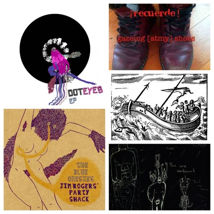 A grid of five different album covers, showing diverse art styles.