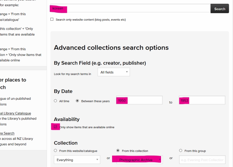 Shows the advanced search page of the National Library's website. Pink highlighting indicates what details are needed to find the digitised images.