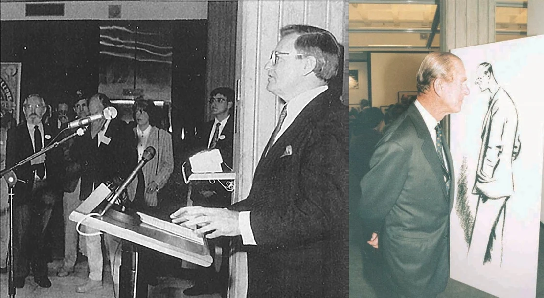 Two pictures side by side: on the left, PM Bolger speaking to a group of people from a podium. On the right, the Duke admiring a caricature of himself.