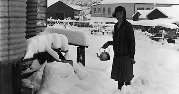 A woman holding a kettle stands on the street in knee-deep snow next to two water tanks.