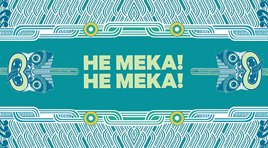 He Meka logo and 2 tikis against the He Meka waka huia background.