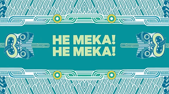 He Meka logo and 2 tikis against the He Meka waka huia background.