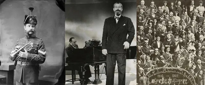 Details of three images: Bandsman in Wanganui Rifle Volunteers; Oscar Natzka; New Zealand International Exhibition Orchestra