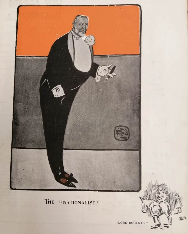 Caricature of a man in formal dress holding a cigar and leaning forward over his toes.