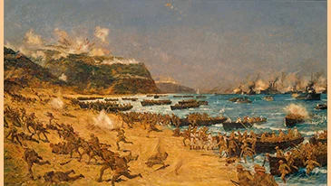 Painting of NZ troops landing at Anzac Cove from rowing boats and ships moored offshore amid artillery explosions