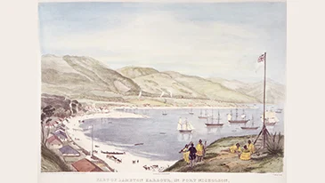 1841 painting of Lambton Harbour by Charles Heaphy showing settlement buildings, ships in the harbour, and Māori and early settlers on a hill overlooking the harbour 