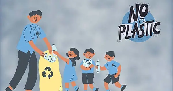 Artwork showing a teacher holding a recycling bag open while 3 students put plastic bottles in the bag. In the top right of the artwork are the words 'No to plastic'.