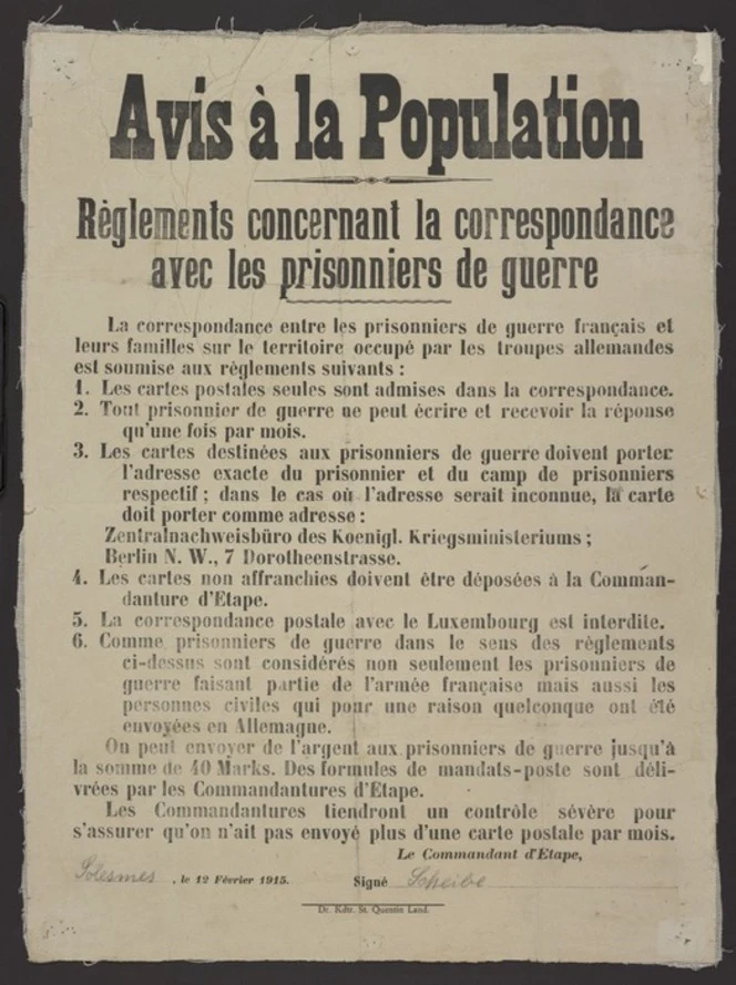 An arrangement of text on a poster issued by the German forces occupying France, giving regulations about written correspondence with prisoners of war.
