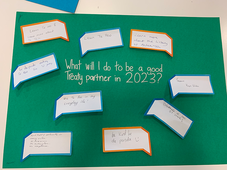 Piece of paper with the words "What will I do to be a good Treaty partner in 2023". Speech bubbles with writing are struck on the paper. 