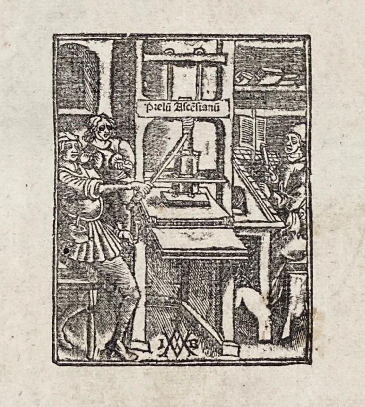 A square printed image depicting men printing.