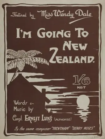 Cover of 'I'm going to New Zealand', showing a sunset and a silhouetted whare.