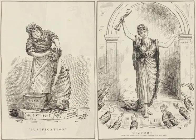 Two side-by-side images of cartoons showing a woman bathing a small disheveled man and on the right a woman standing tall in celebration holding a petition in the air.