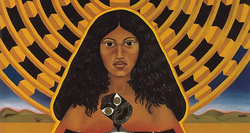 Magnificent drawing of a Māori woman with a large round light behind her and surrounding her body. She has a baby and lizard on her cloak and a carved face in the centre of her chest.
