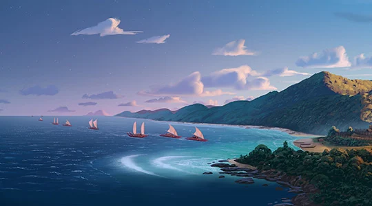 Colour artwork showing a waka fleet sailing towards the coastline.