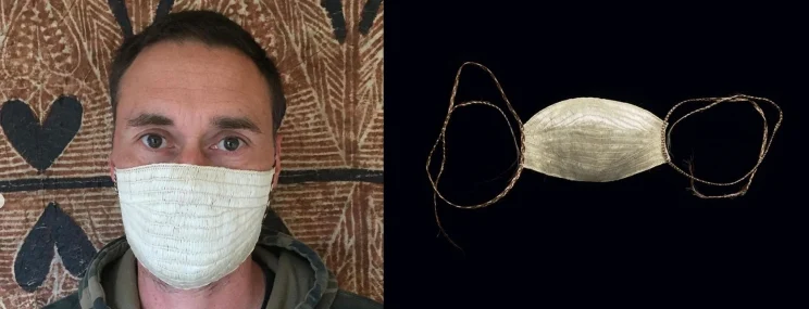 Side by side images, on the left a man faces camera wearing a woven mask and on the right is the mask on a black background.