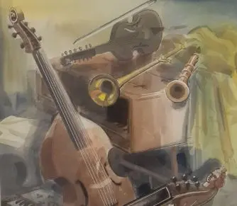 A painting of early instruments including a hurdy gurdy, a viola d’amore, and a spinet.