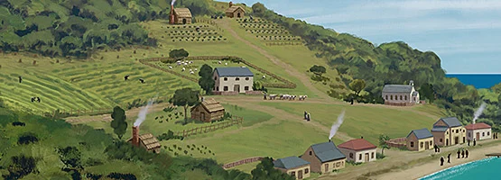 Colour artwork of an early European settlement by the coast, showing houses and farms.