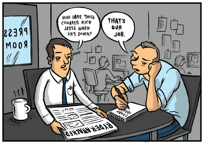 Cartoon by Toby Morris, showing two press reporters complaining about Jesse Ryder being assaulted.