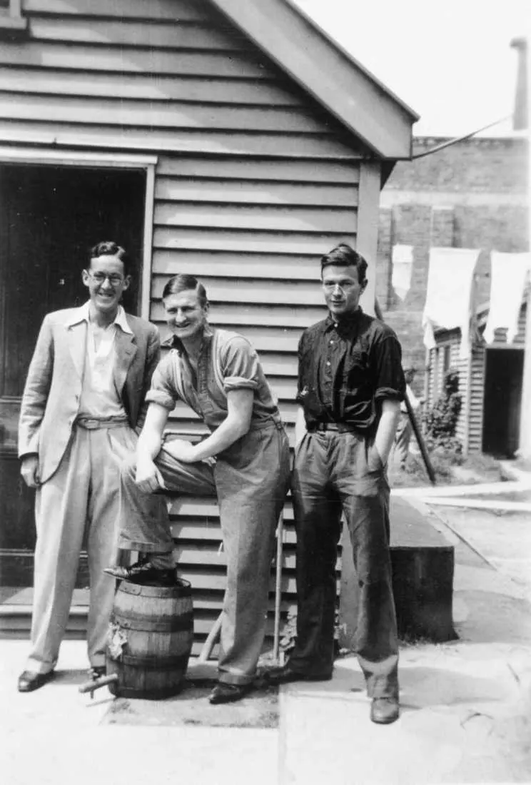 Ian Frank George Milner, Denis James Matthews Glover and Robert William Lowry at the 'Dog-box', St Elmos flats, Christchurch.