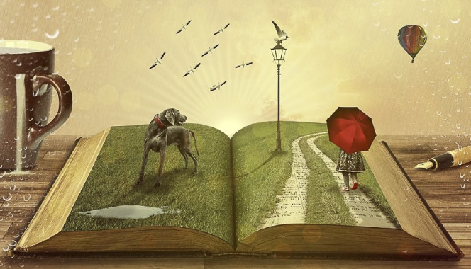 Fantasy illustration of an open page of a book that is covered in grass, with dog, a person walking along car tracks in grass, and other fantasy elements