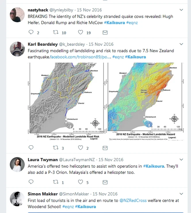 Some tweets that included the hashtag #Kaikoura.