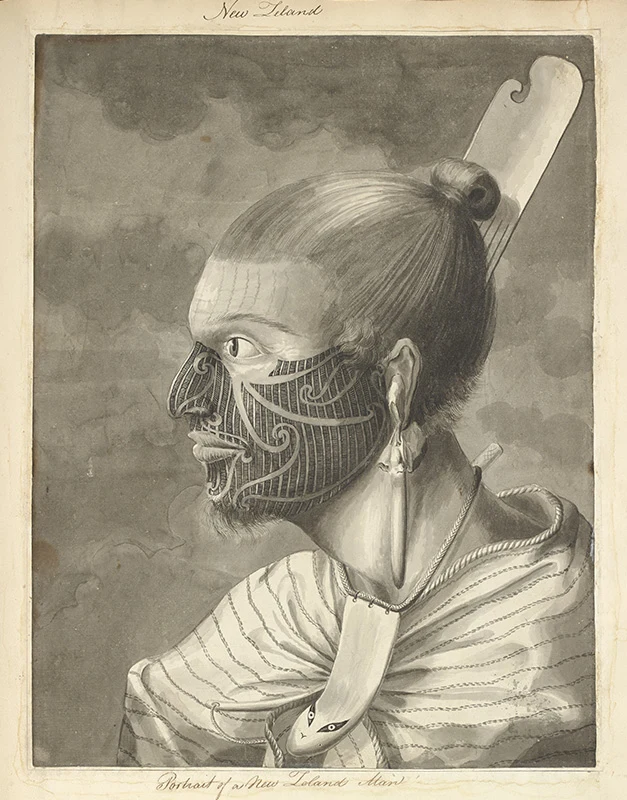 Black and white portrait illustration of Otegoowgoow. It shows his moko, comb in his hair, pounamu earring, and a fish's tooth around his neck.