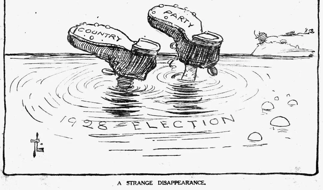 Cartoon titled "A strange disappearance". Shows a man's boots with words "country" and "party" sticking out from the water, The water has the words 1928 election on it.