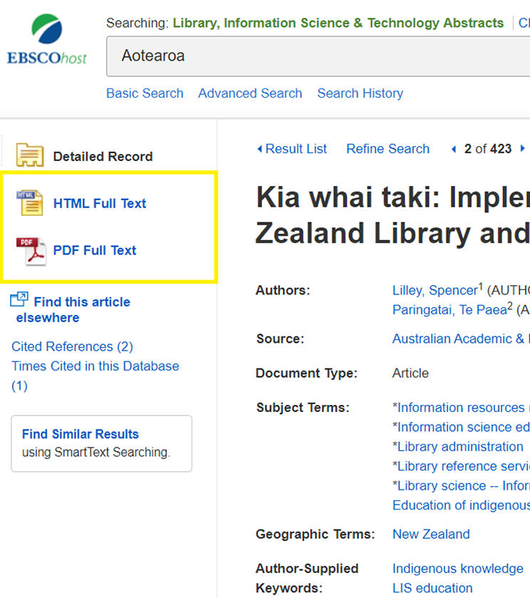 Screenshot EBSCO full-text access.