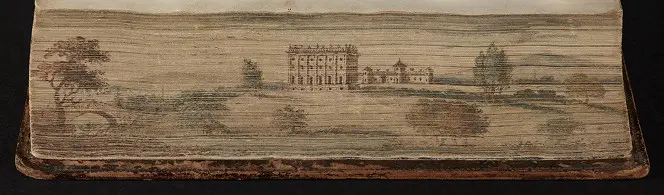 Fore-edge painting from an eighteenth-century Paradise Lost, showing a country house scene.