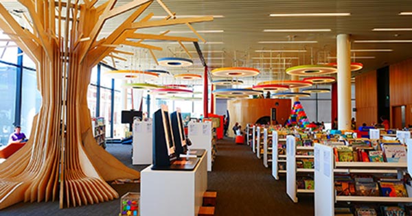 Photo of the children's area at Tūranga (Christchurch Central Library). Photo by Sgerbic, CC BY-SA 4.0, via Wikimedia Commons.