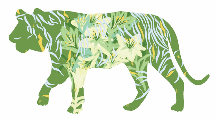 Image of a tiger coloured green with flowers.