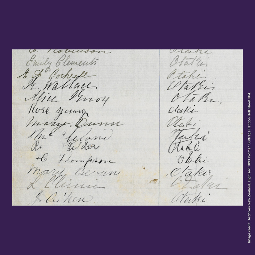 Front of curiosity card CC0011, with an image of Suffrage Petition signatures including that of Mere Hakaraia who signed as Mary Bevan