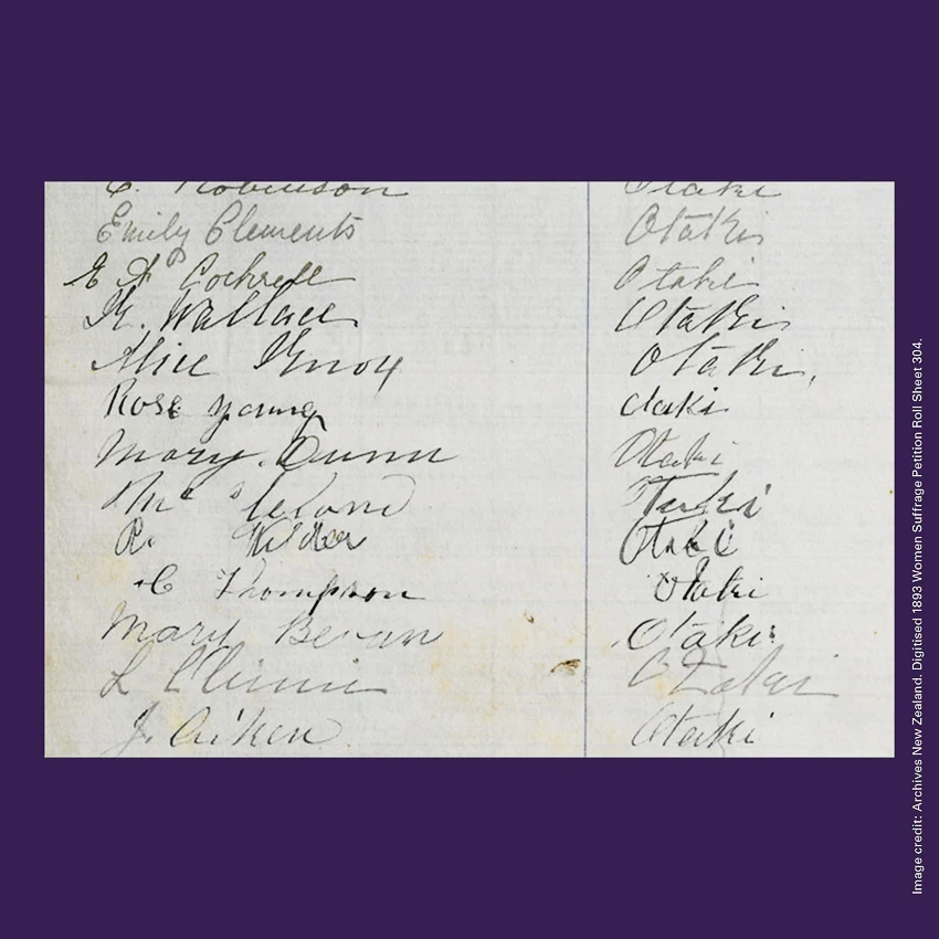 Front of curiosity card CC0011, with an image of Suffrage Petition signatures including that of Mere Hakaraia who signed as Mary Bevan